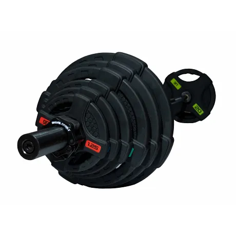 Штанга олимпийская OriginalFitTools 128 кг (диски с двумя хватами, черный гриф) - Фото 10